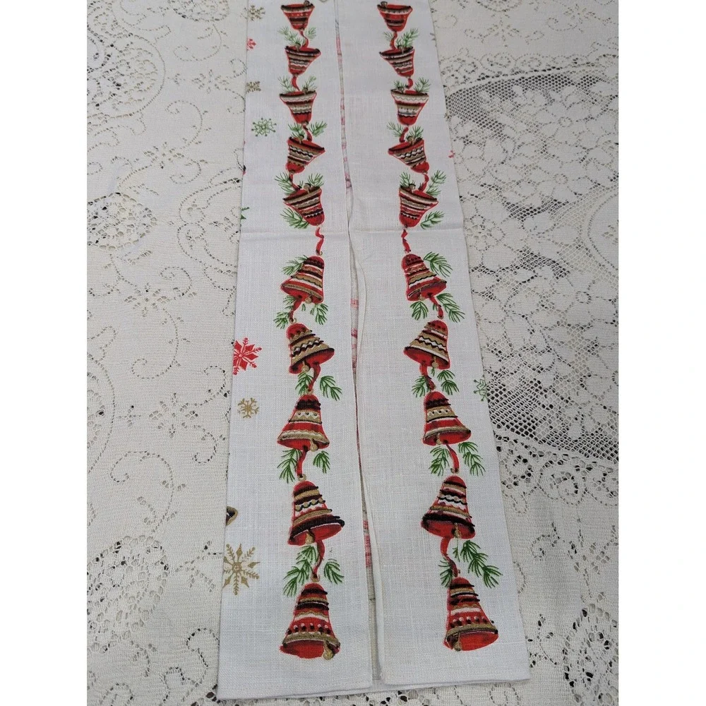 Vintage Pure Linen Christmas Tea Towel Red Bells Holiday Kitchen Decor